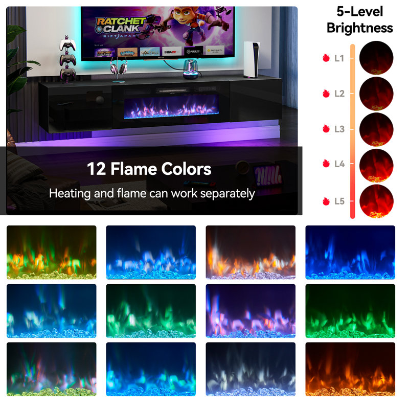 Floating Fireplace TV Stand for TVs up to 80/90", Wall Mounted Media Console with LED Lights, 14.2”H x 70”L x 13.8”W, Black