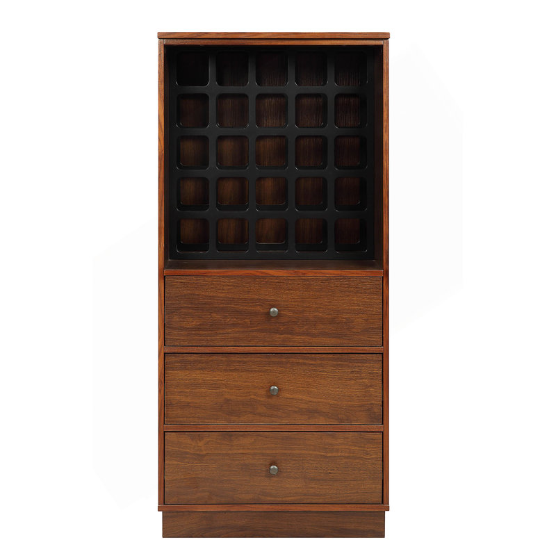 Armoire à vin Wiesta à finition noyer avec support pour 25 bouteilles et trois tiroirs spacieux pour des solutions de rangement élégantes.