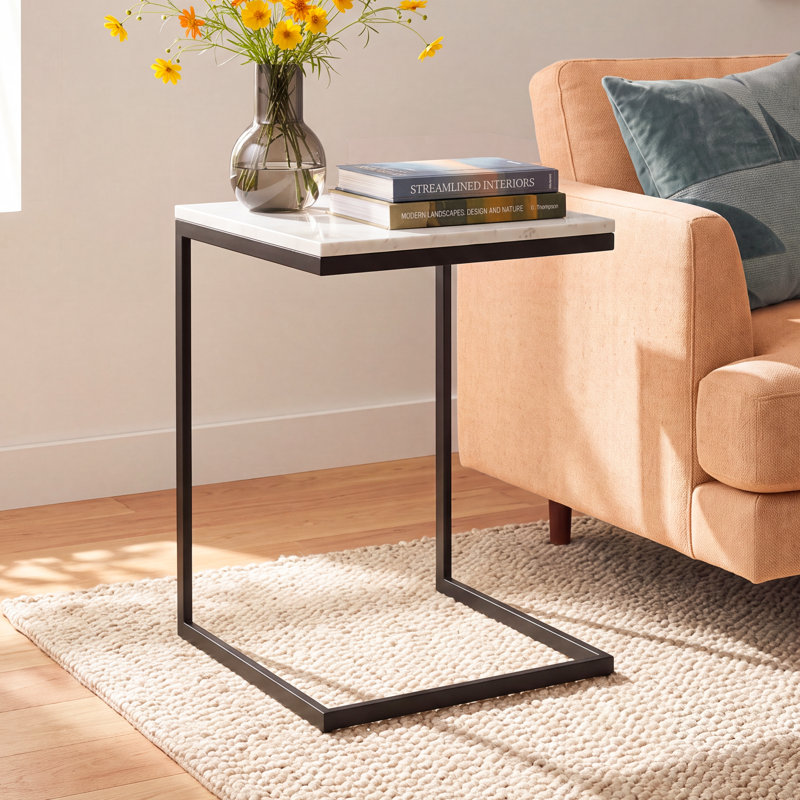 Ollie Marble C-Style End Table, White Top/Black Base