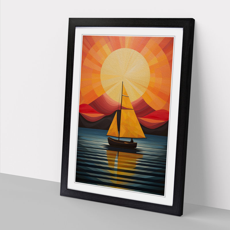 Boat On A Lake Geometric No.2 - Single Picture Frame Print on Wood, 34cm H x 25cm W x 2cm D, Black Framed