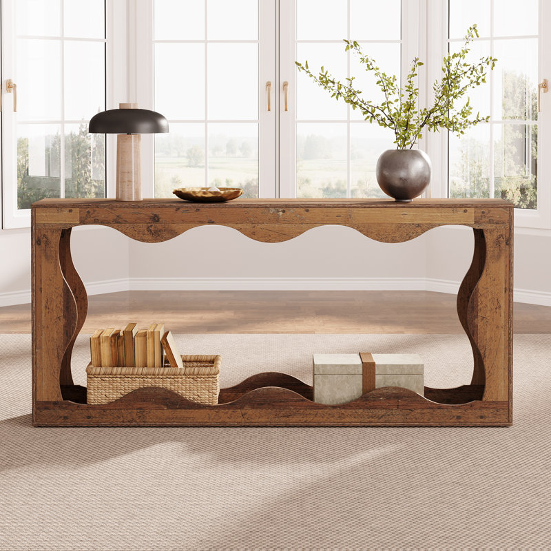 Enisha 63" D Scalloped 2-Tier Console Table, Mix Brown