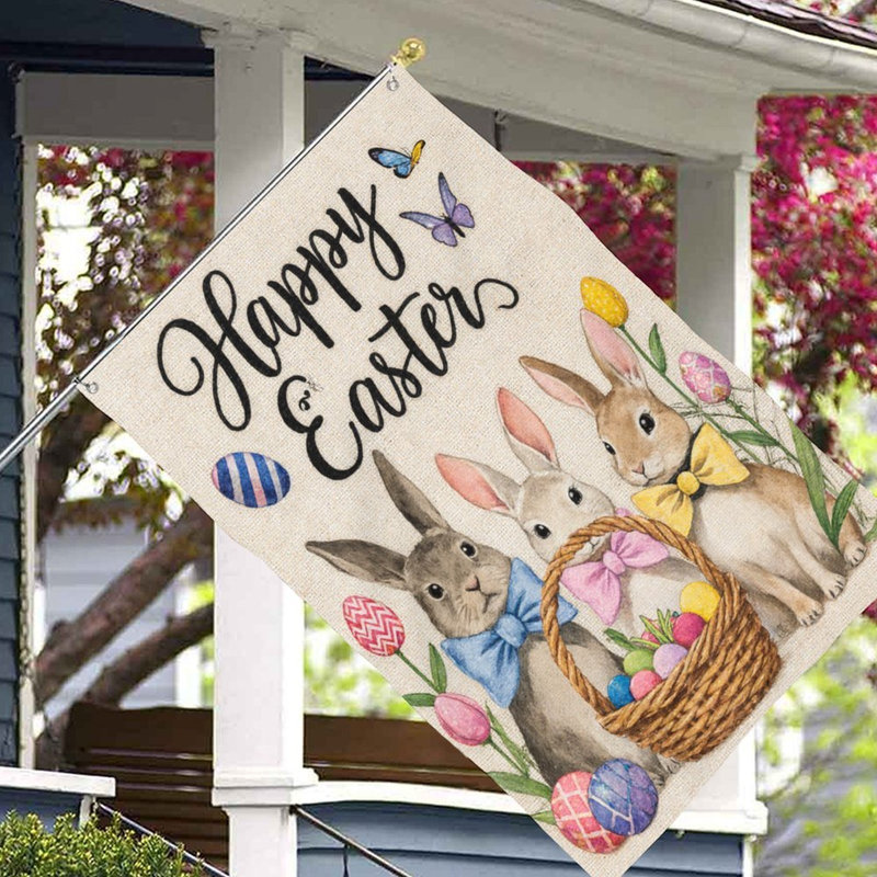 Drapeau Joyeuses Pâques avec trois lapins, pour l'intérieur et l'extérieur, L 70 x l 47