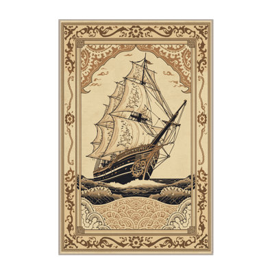 Machine Washable Mendon Historic Tall Ship Traditional Oriental Rug in Beige – Beige Binding