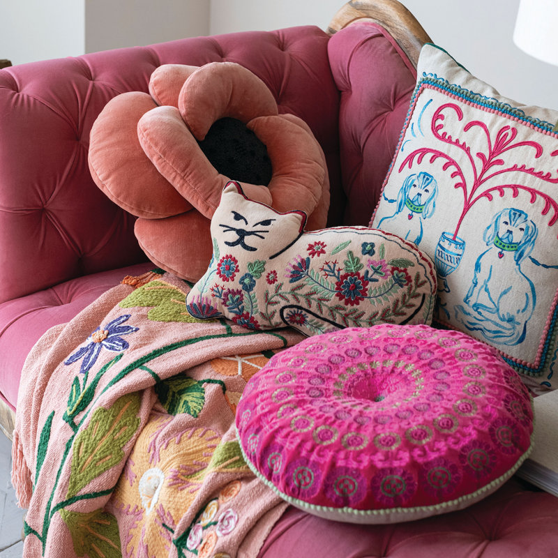 Cotton Velvet Cat Shaped Pillow With Botanicals And Embroidery