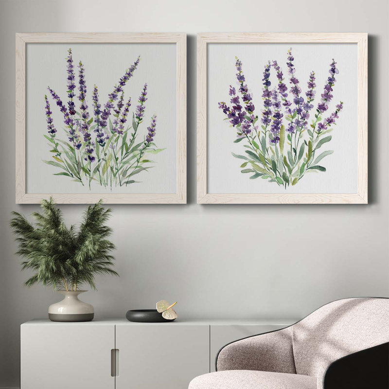Lavande botanique I - ensemble de 2 peintures sur toile encadrées, H 27,5 po x l 55 po x P 1,5 po, Cadre blanc