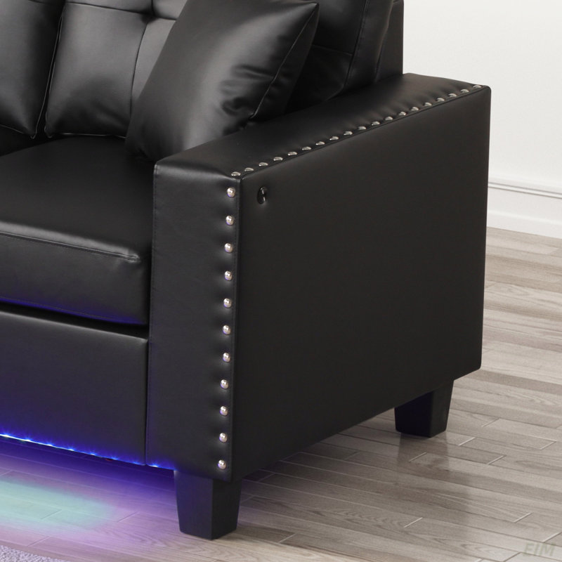 Sorenza 74"W PVC Reversible Sectional Sofa Chaise With LED Light, USB Port, Nailhead Trim, Throw Pillows, Tufted Cushion