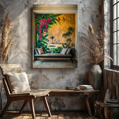 Toile, scène intérieure sereine avec banc moderne et art mural