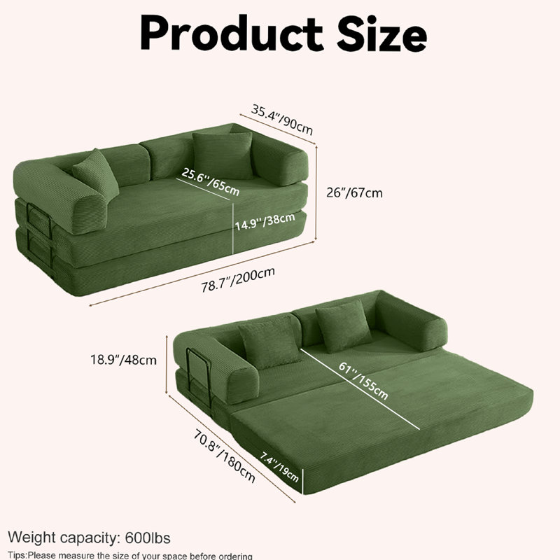 Canapé convertible peu encombrant au design modulaire, Vert d’armée