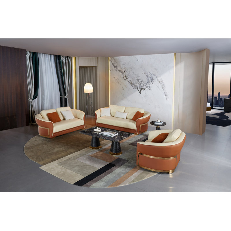 3 Piece Genuine Leather Living Room Set, Beige/Cognac Genuine Leather