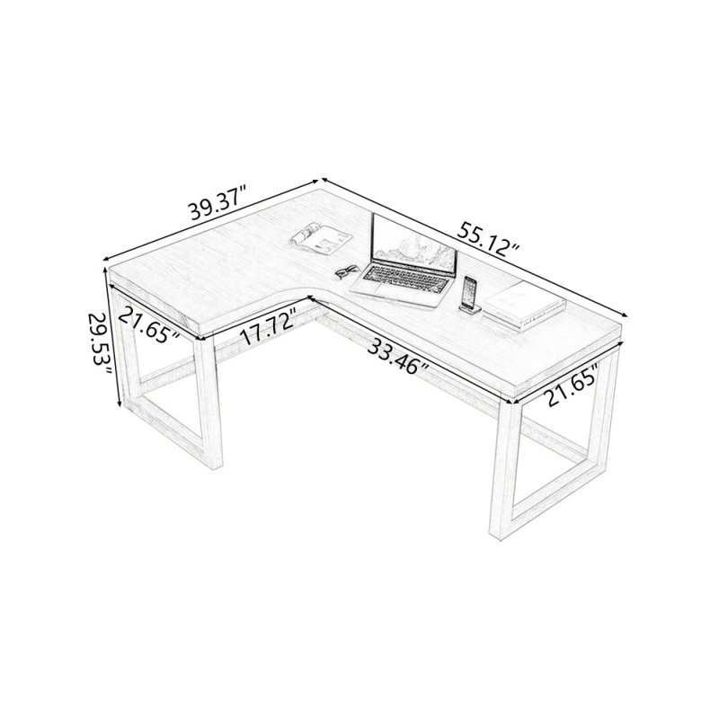 Bureaux en bois massif en L 55,12 po, Retour à gauche, H 29,53 po x l 55,12 po x P 21,65 po