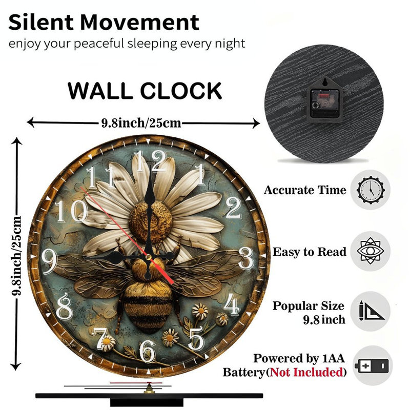 Horloge murale en bois 10 po, mouvement silencieux, à piles (piles AA non incluses), décor artistique, parfait pour les décorations
