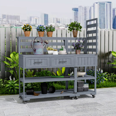 Outdoor Kitchen Cart with Stainless Steel Worktop, Convertible Garden Potting Bench with Drawers