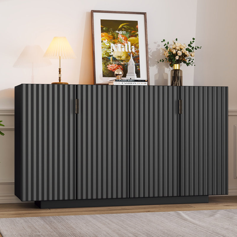 Buffet 4 portes ondulées en noir, option de rangement pratique pour la maison, tablettes réglables, construction noire, portes, rangement spacieux, solide