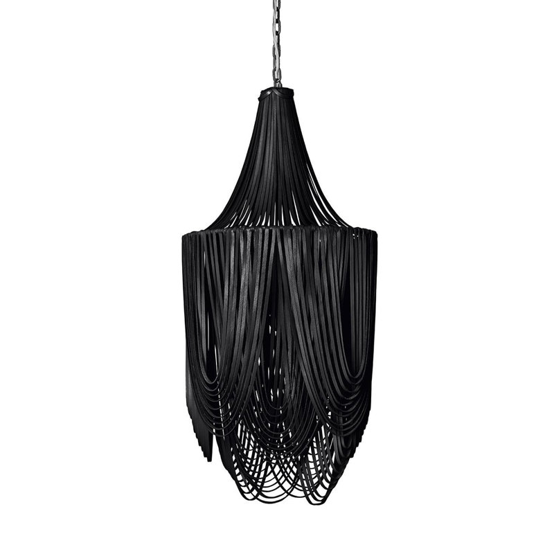 Small Leather Fringe Chandelier w/ Crown, Black