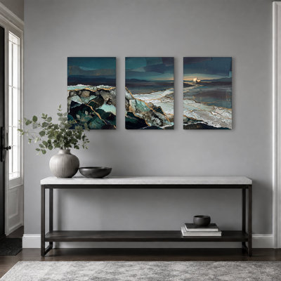 Toile foncée bleu sarcelle craquelée avec veines dorées, ensemble de 3 toiles