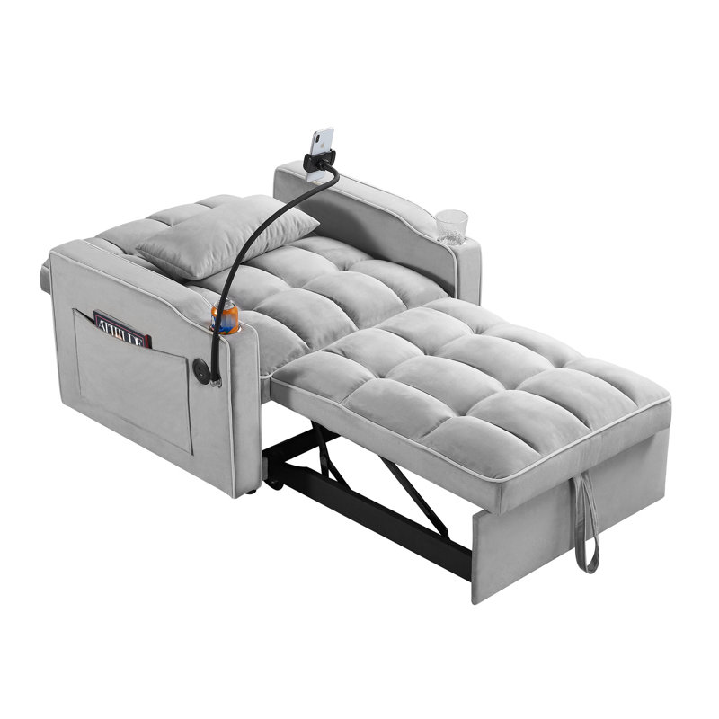 Lit gigogne escamotable - Fauteuil convertible réglable en velours doux gris