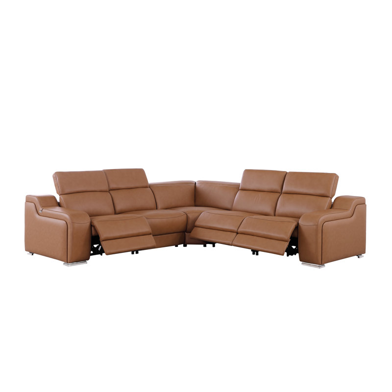 Stanyo 5 - Piece Top Grain Italian Leather Power Reclining Sectional, Cognac Genuine Leather