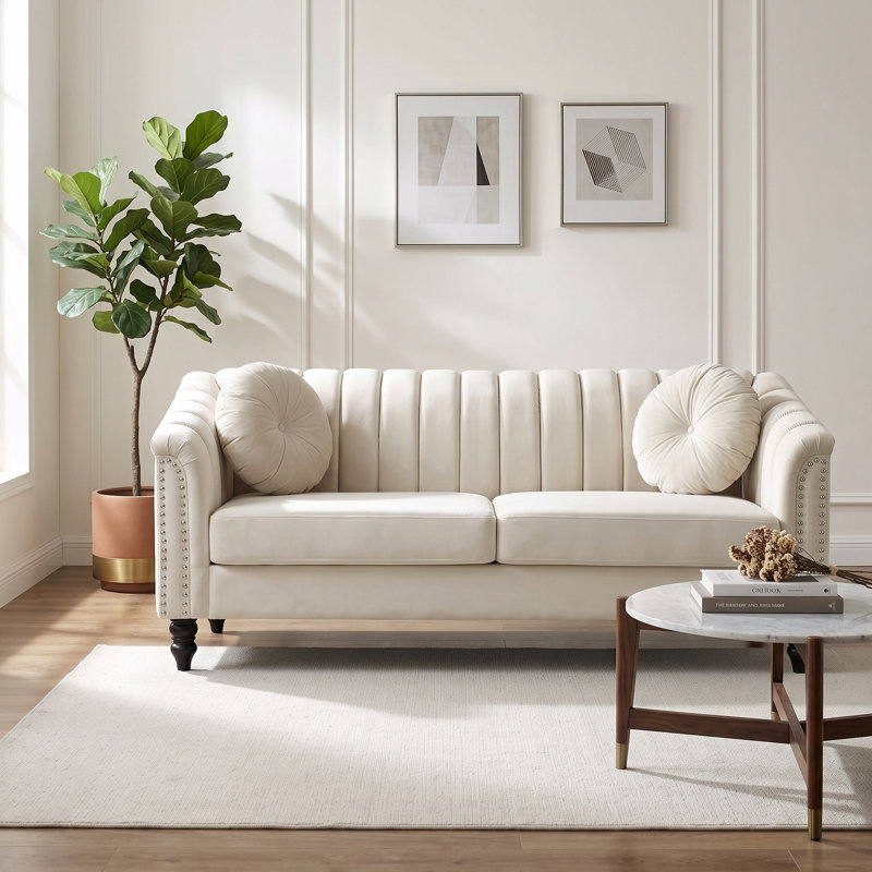 White Upholstered Sofa with Channel Tufting, Rolled Arms and Nailhead Trim, Sofa