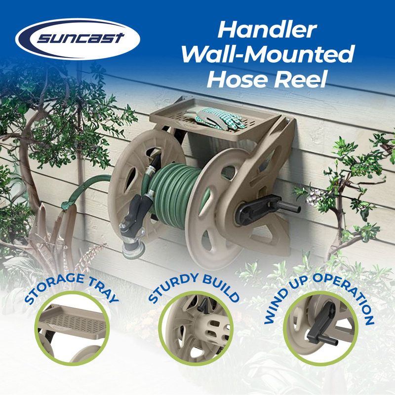 Suncast Taupe Resin Wall Mounted Hose Reel with Tray
