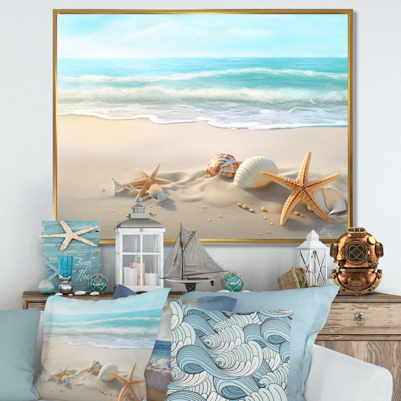 Étoile de mer et coquillages I - art mural moderne grande plage, H 30 po x l 40 po x P 1,5 po, Cadre flottant doré