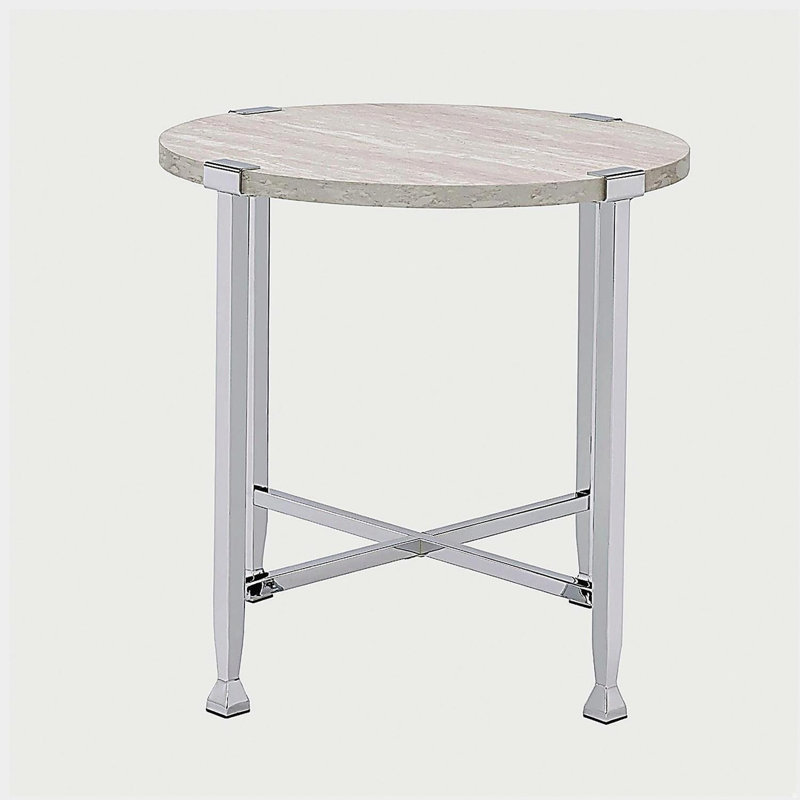 Table de bout ronde avec support en forme de X, chêne blanc et chrome
