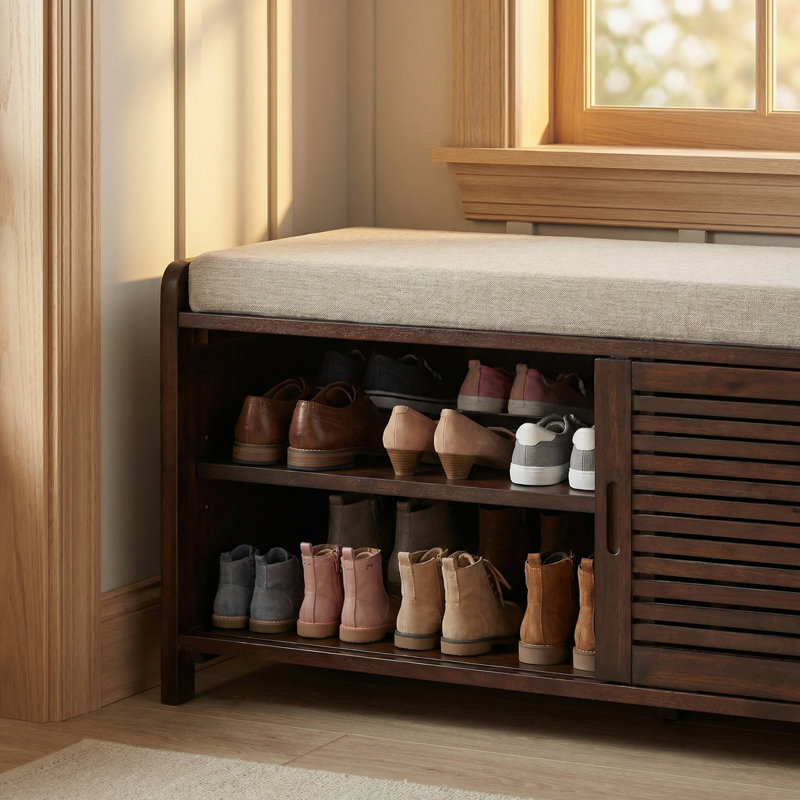 Rustic Entryway Storage Bench With Cushion - Shutter Door Organizer For Shoes And Accessories, Dark Brown