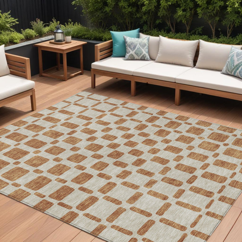 Tapis extérieur lavable à motif géométrique 10 pi x 14 pi en terre cuite et beige