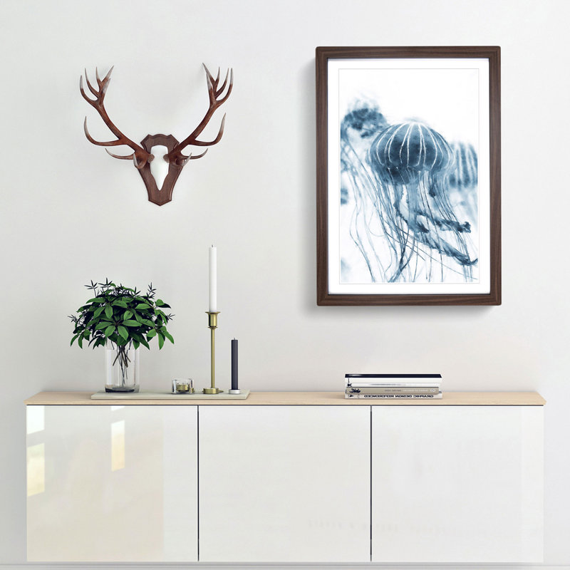 A Blue Jellyfish - Framed Print, 45cm H x 33cm W x 2cm D, Walnut Framed