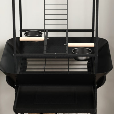 Small Parrot Stand On Wheels, Dark Gray - With Perches, Stainless Steel Bowls, Pull-out Tray, Hanger For Indoor Outdoor Bird Play With Feed Hanger, Fun
