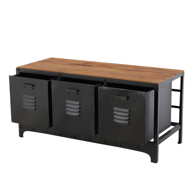 Black Metal Low Profile 3 Drawer Room Storage Bench with Brown Wood Top, 39" x 16" x 19"