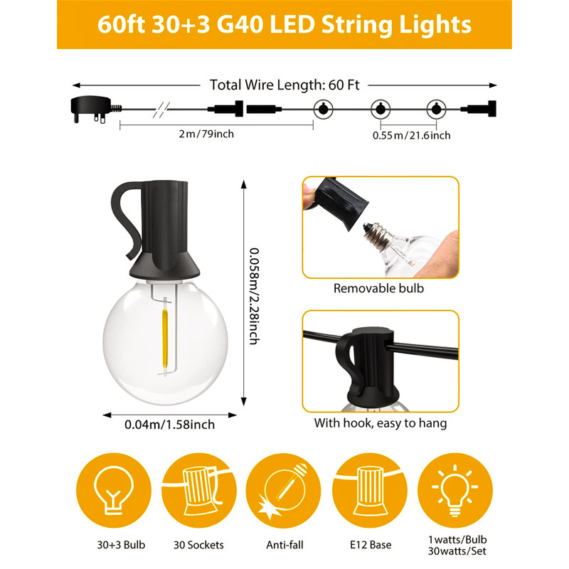 Andaleeb 1828.8cm 33 - Bulb Festoon Lights String Light (End to End Connectable)