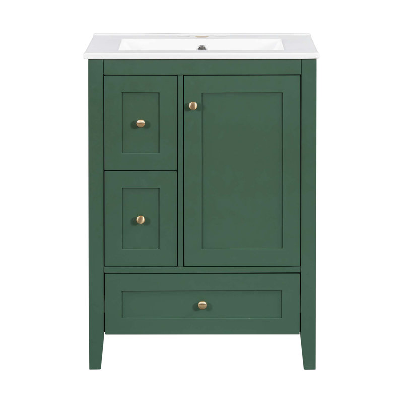 24-Inch Bathroom Vanity With Storage, Adjustable Shelf, MDF & Rubberwood