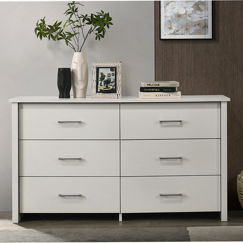 Commode 6 tiroirs avec poignées en métal, Blanc