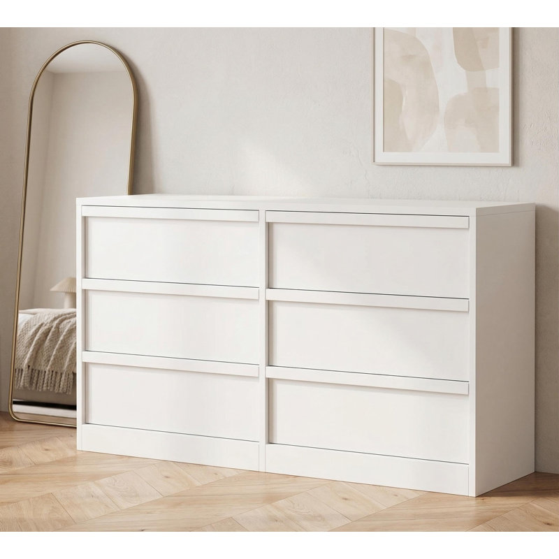 47 Inch Natural Oak 6-Drawer Wooden Dresser, Modern Wide Storage Chest of Drawers with Smooth Gliding Drawers & Anti-Tipping Device, Versatile Organizer for Bedroom, Living Room,Antique White