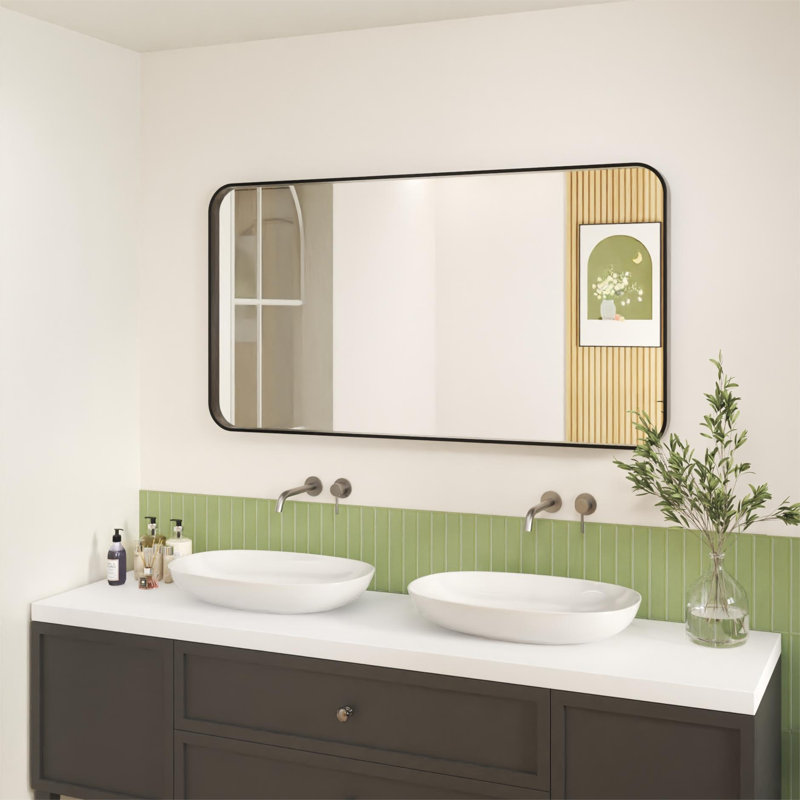 Stylish Aluminum Framed Mirror with Rounded Corner for Elegant Home Decor, 55" x 30", Matte Black, Rectangle
