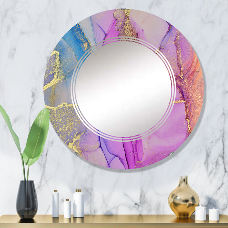 Encre de marbre bleue et mauve abstraite II - Miroir mural moderne rond, 32 po x 32 po