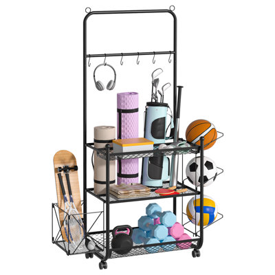 Dumbbell Rack Stand, Yoga Mat Storage Rack, Home Gym Weight Rack for Kettlebells Foam Roller, Workout Equipment Organizer with Hooks and Wheels