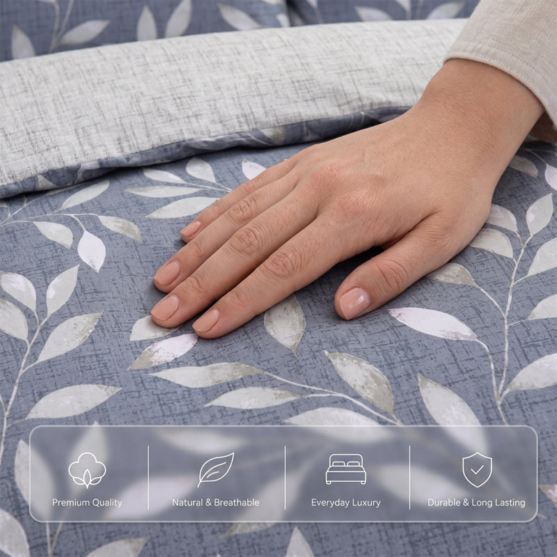 Blue Leaf Print Reversible Duvet Cover Set, Superking