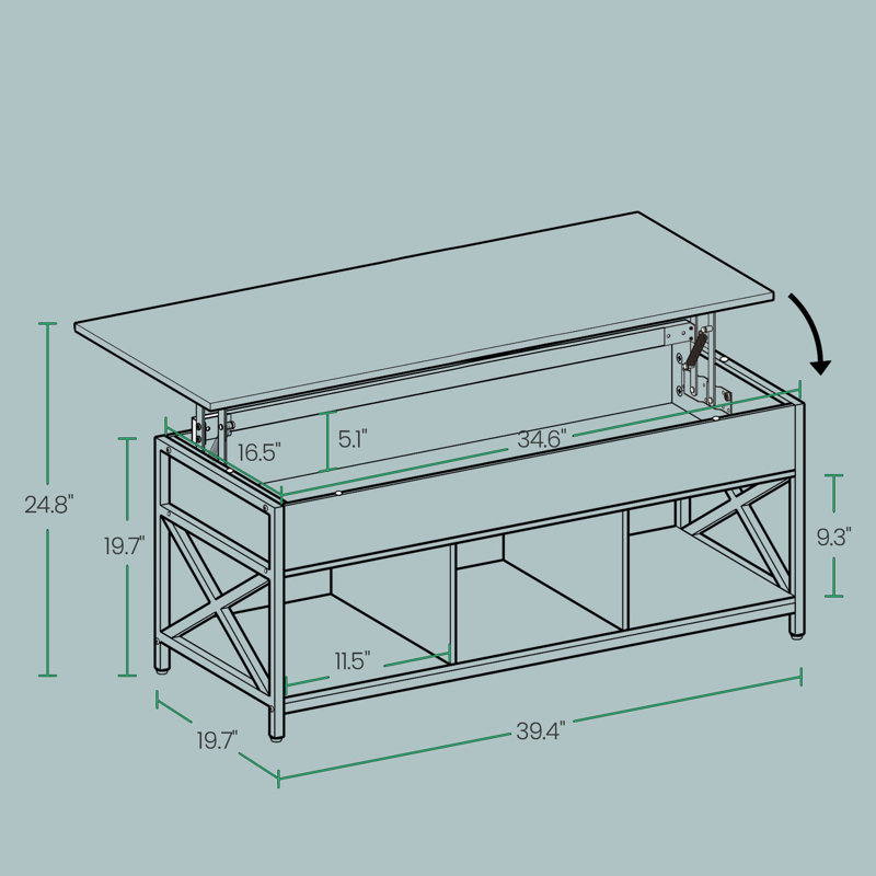 Table basse à plateau relevable avec rangement Corrine, H 24,4 po x L 39,4 po x l 19,7 po, Brun rustique