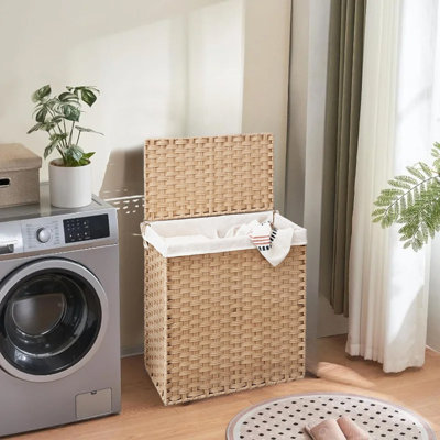 Panier à linge en osier tissé à la main avec couvercle, panier à linge en osier à 2 sections pour vêtements sales, avec doublure en lin lavable, grand