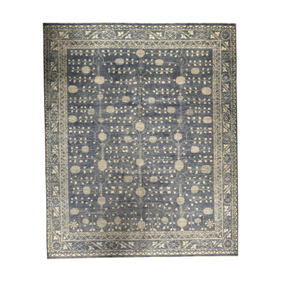 Neo Oriental Hand Knotted Wool Green/Navy Blue Area Rug