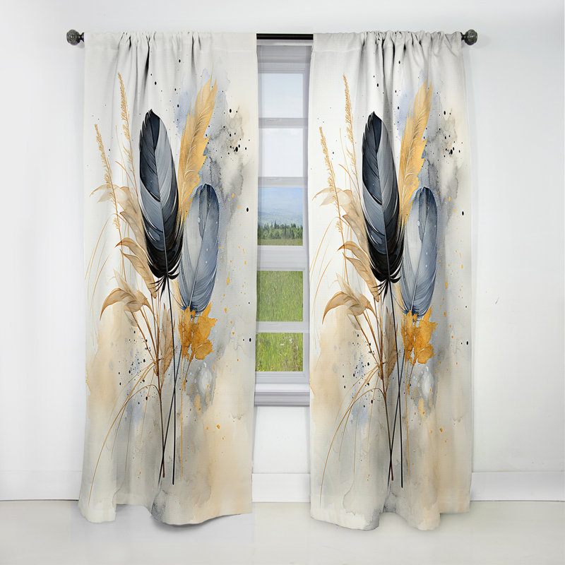 Asian Art Feathers Sumi II - rideau art asiatique - rideau occultant en velours imprimé animal - 1 panneau, L 52 po x L 84 po