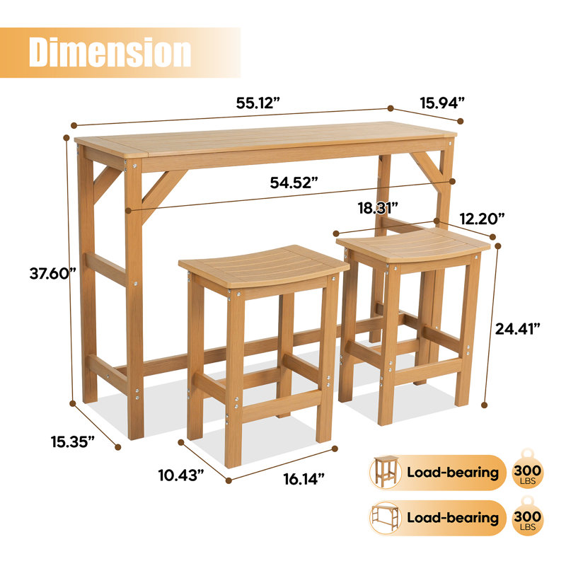 Ensemble de bar d'extérieur en PEHD pour 2 personnes, ensemble de table de bar et tabourets toutes saisons, 2-person, Teak
