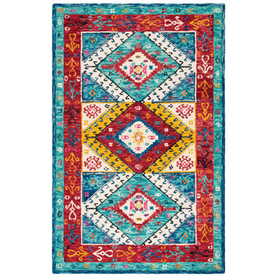 Tapis bleu / rouille en laine / coton touffeté à la main Farmingville