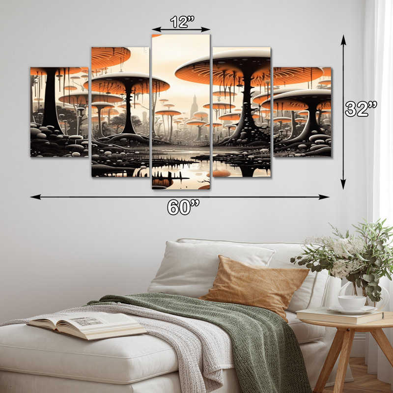 Magical Mushroom Retro Illustration I - Reproduction d'art mural abstrait paysage - 5 panneaux