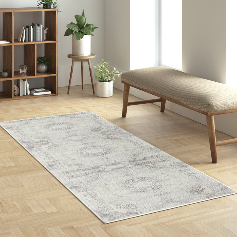 Machine Washable Traditional Oriental Gray/Ivory Waterproof Rug, Runner 2' x 5'