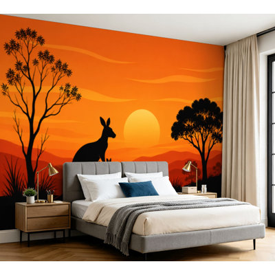 Wall Mural Peel and Stick Wallpaper Kangaroos cubs Australian plains Acacia trees dry tree Self-Adhesive Removable Contact Paper Wall Decor for Living Room Bedroom 100"H x 144"W