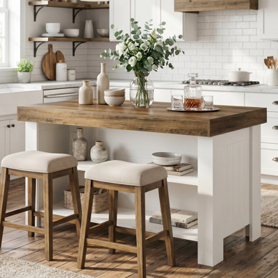 Îlot de cuisine en bois avec tablette de rangement, table de préparation de cuisine de ferme de 55,12 po pour la salle à manger
