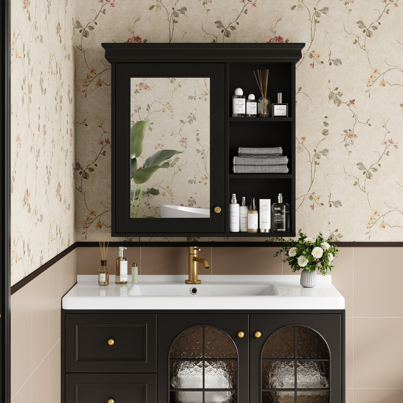 Bathroom Medicine Cabinet with Mirror, 28.7" H x 30.1" W x 7.2" D, Black