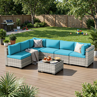Ensemble de canapé modulaire d'extérieur 7 pièces avec osier en PEHD, coussins et table basse, ensemble de conversation modulaire pour patio